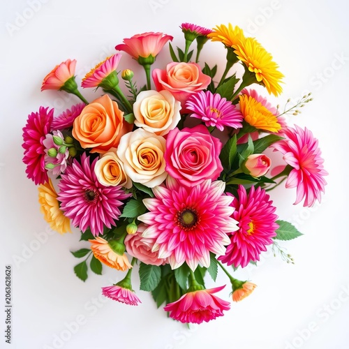 Vibrant bouquet of roses and dahlias arranged elegantly on a minimalistic background, flowers, colorful
