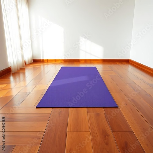 Wooden floor with yoga mat stretched out, plenty of space to move around, minimalist setting, yoga props