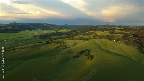 Aerial drone footage captures breathtaking Montana USA countryside at golden hour with endless rolling green hills, scattered pine forests, distant mountain ridges.