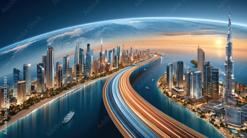 Fototapeta premium Futuristic coastal skyline with illuminated highway and global cityscape at sunset