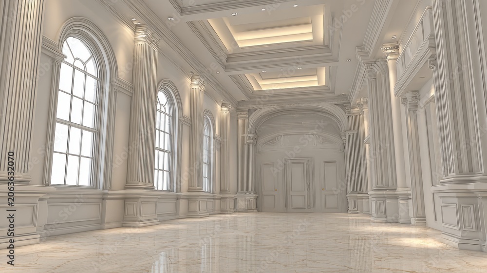 Naklejka premium Elegant White Classical Ballroom Interior with Arched Windows and Ornate Columns, Spacious and Luxurious Event Venue