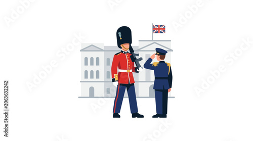 Fotografie British Royal Guard Salutes Officer Outside Palace with Union Jack Flag