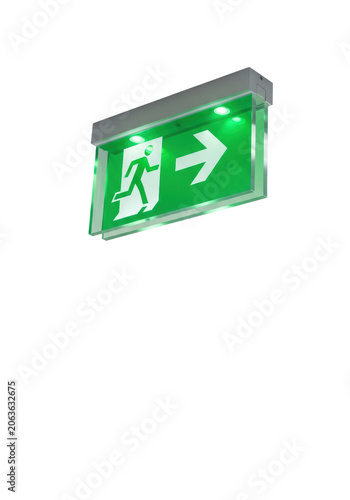 highly detailed translucent green acrylic emergency fire exit sign with running man pictogram, sharp focus, isolated on a seamless transparent studio background. concept of safety and evacuation