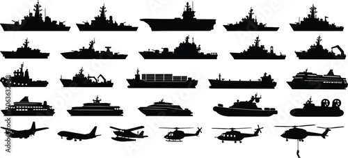 Cuadro en lienzo Military Naval Fleet Silhouette Collection with Warships Submarines Helicopters