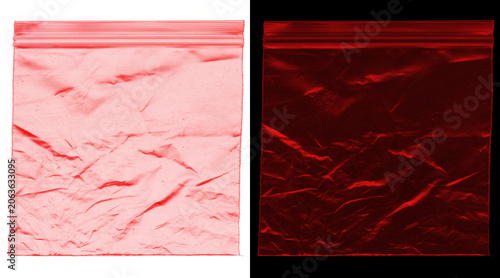 Red plastic ziplock bag texture, crumpled polyethylene storage pouch, wrinkled red cellophane baggie isolated on white and black backgrounds