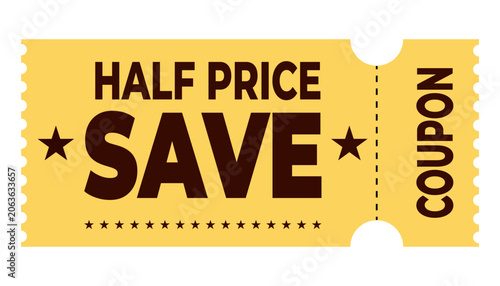 Obraz na płótnie Yellow half price save coupon with stars, discount voucher, special offer ticket