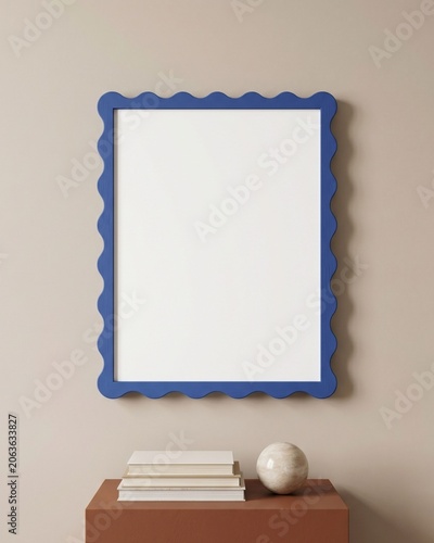 Wavy blue frame mockup hanging above minimalist pedestal with decorative sphere