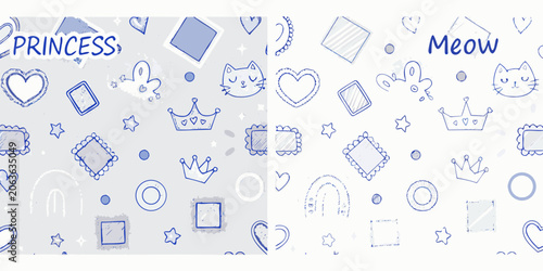 Blue doodle pattern featuring hearts crowns and cat faces hand drawn style