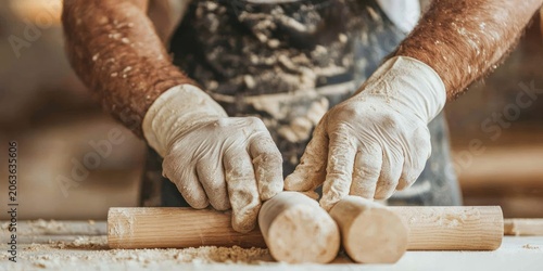 A person wearing gloves uses wooden rolling pins to shape dough on a floured surface, demonstrating a baking process.