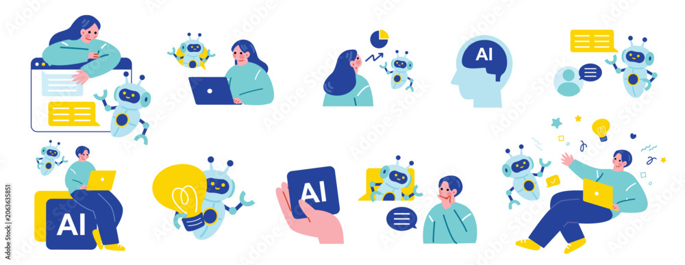 Naklejka premium AIを活用する人々のイラストセット