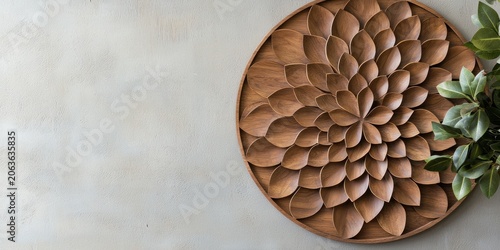 A decorative wooden wall art piece featuring a floral pattern with leaf-shaped segments, mounted on a light textured wall next to green foliage.