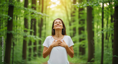 Happy woman in white shirt connecting with bright nature in forest perfect for lifestyle wellness and vital breathing