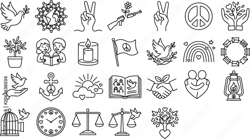 Obraz premium Peace and Unity Icon Set, Minimalist World Harmony and Human Rights Vector Symbols