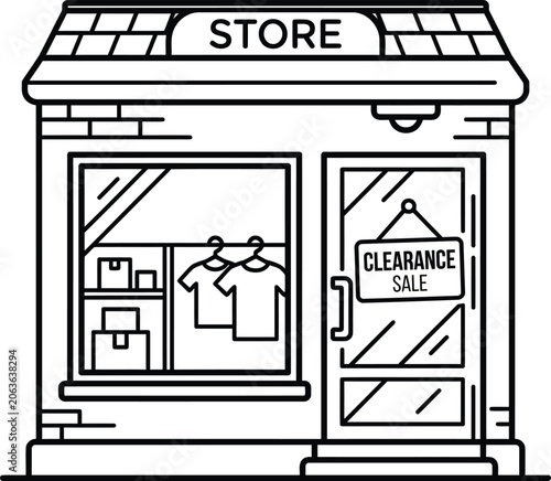 Outline vector icon of a small business storefront featuring a clearance sale sign ideal for retail promotions e-commerce and shopping applications