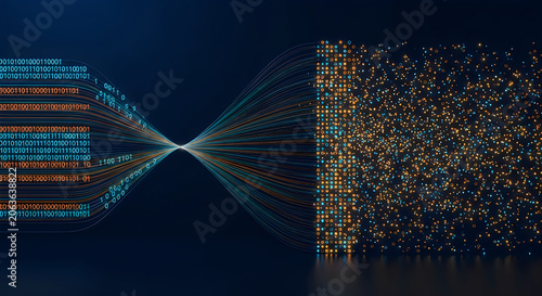 Digital binary code streams converging into glowing particles to represent complex data processing and advanced artificial intelligence network connectivity systems