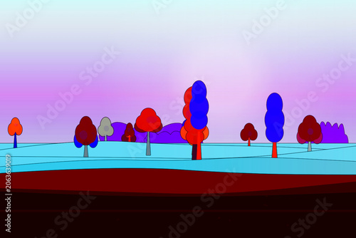 Forest clearing with mixed woodland trees, and