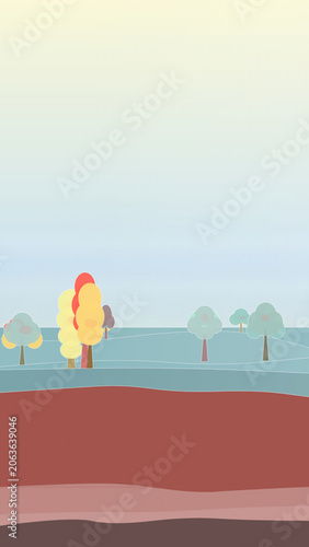 Rainbow muted earth palette view of forest corridor backdrop with foreground