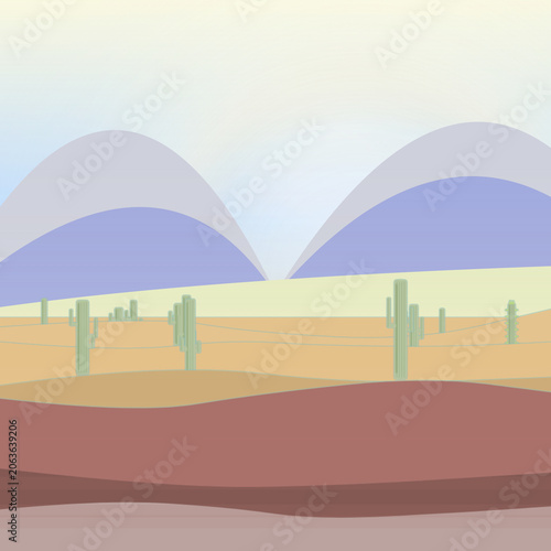 Dryland cactus scene with radial light sky, desert mountain ridge, and cactus tree silhouettes