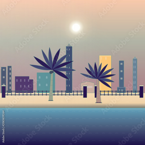 Seaside shoreline backdrop with sunset sky, coastal mountain ridge, and sparkling ocean water