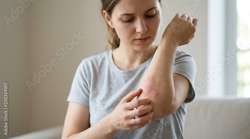 Concerned Young Woman Examining Itchy Red Rash on Her Arm, Indicating Allergic Reaction, Eczema, or Skin Irritation