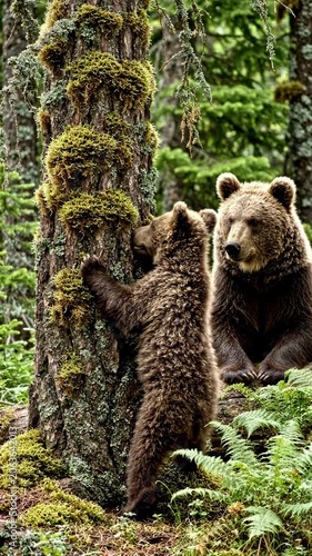 Two brown bears in a forest.