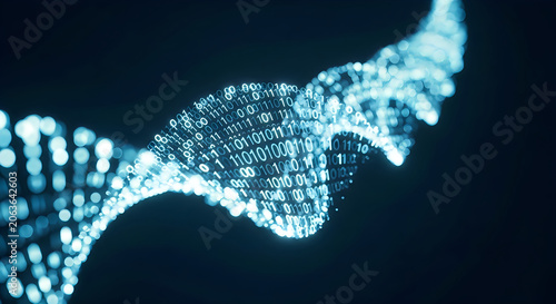 Glowing blue digital dna strand formed by binary code particles floating in dark space with soft depth of field effect