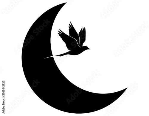 Flying bird and crescent moon black silhouette vector illustration, minimalist animal night sky art logo icon, simple nature design element isolated on white background