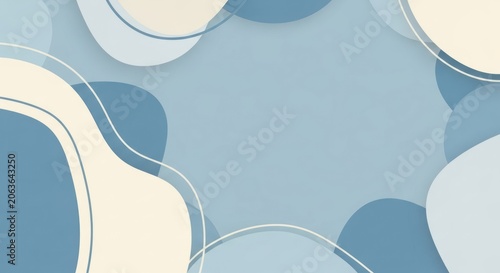 Abstract blue and beige shapes with white lines on a blue background.