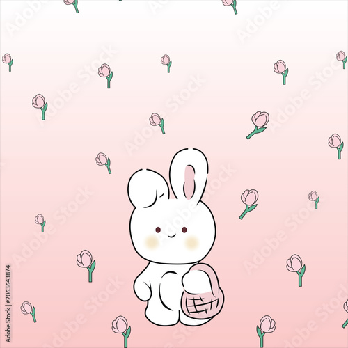 Cute bunny on a white background, squares, bunny hugging a happy heart, bunny vector.