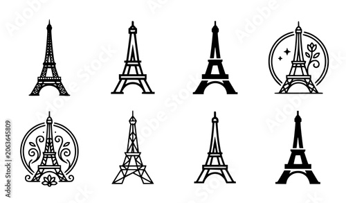 Schilderij op canvas Eiffel Tower icon set with romantic floral circular badge frames and line silhou