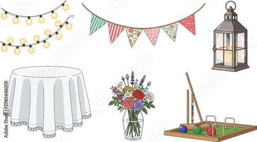 Картината върху платно A delightful vector collection of garden party elements featuring string lights