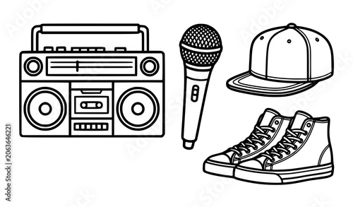 Foto Retro hip hop line art element set with vintage boombox radio microphone snapbac