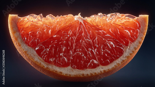 Close-up of a juicy grapefruit slice illuminated from behind, revealing vibrant segments