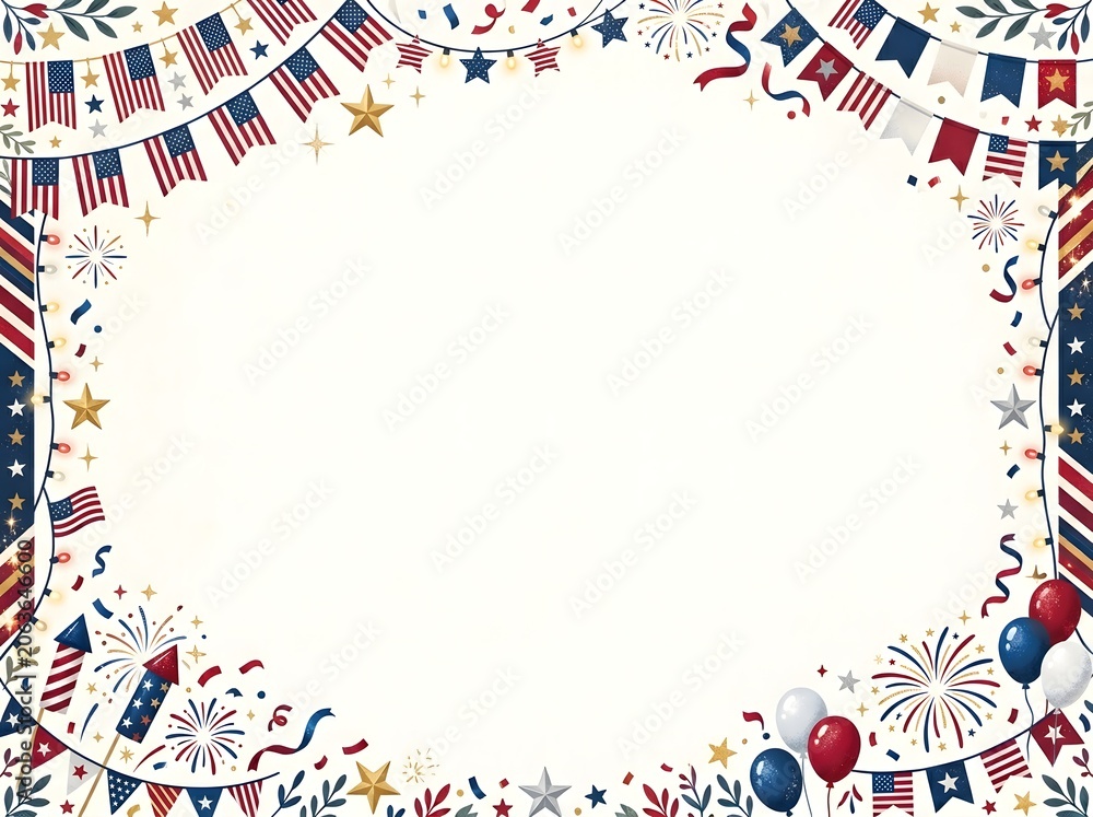 Obraz premium Patriotic frame with american flags, fireworks, and balloons on white background