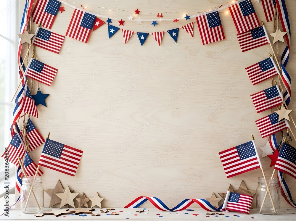 Obraz premium Patriotic background with american flags and stars on a light wood surface for 4th of july celebrations