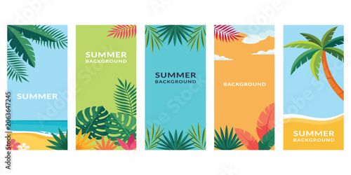 Summer Background Banner, Tropical Palm Leaves with Beach Landscape Elements and Modern Vertical Template Design for Seasonal Marketing Campaigns