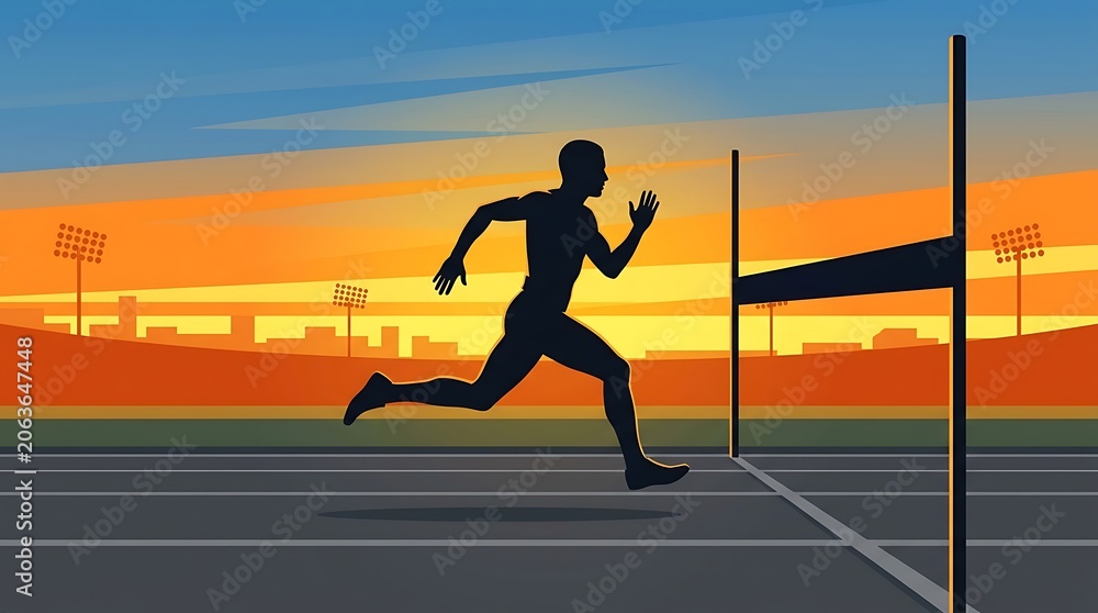 Obraz premium Silhouette of Athlete Running on Track Overcoming Hurdle at Sunset