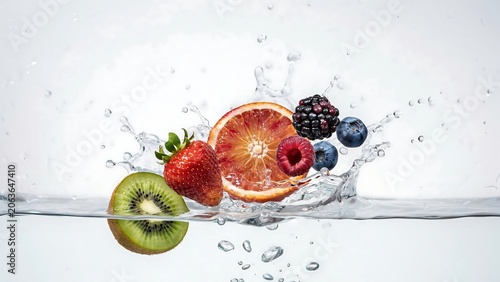 Fresh fruit splashing into water with kiwi and berries on white background