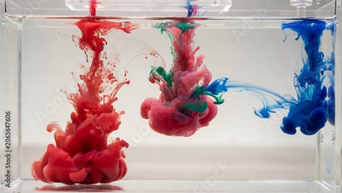 Colorful ink drops in water creating vibrant red, green, and blue swirls