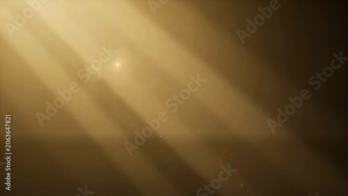 Warm golden light rays shining through darkness with lens flares and sparkles