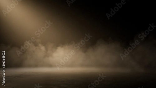 Dramatic foggy scene with spotlight on dark background and smoke effect
