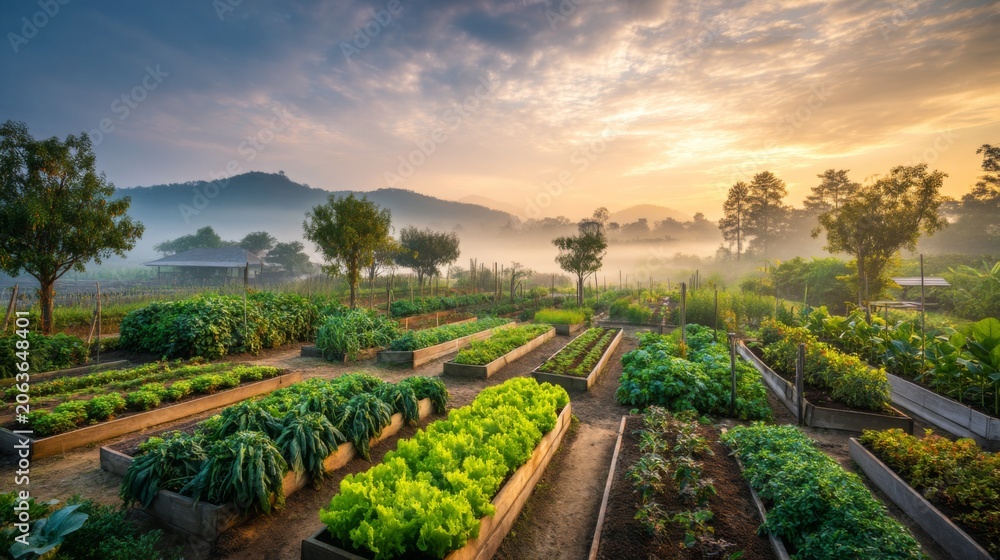 Naklejka premium Serene Morning Scene in a Vegetable Garden with Green Lush Plants and Misty Background at Sunrise near Mountains