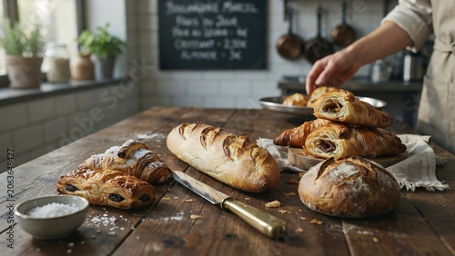Assorted freshly baked bread and pastries on a rustic wooden table in a bakery