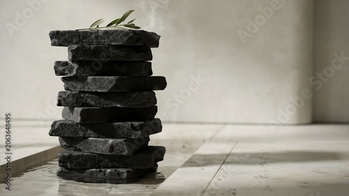 Stack of dark gray stones with green leaves on top in water