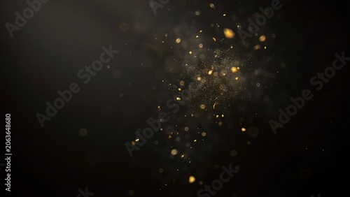 Golden particles and dust floating in dark space with bokeh effect