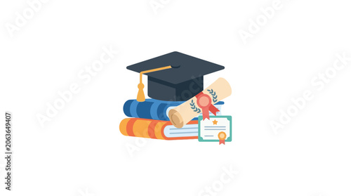Fotografie Graduation Cap, Diploma, and Books - Symbolizing Education, Knowledge, and Achie