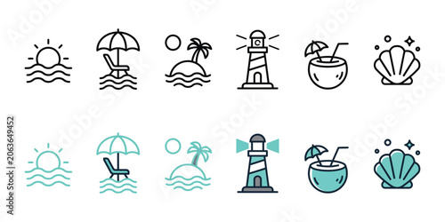 Summer beach tropical sea vacation icon line set. Coastal trip ocean wave with sunset and palm tree signs vector illustration