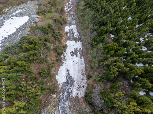 Fotografie Aerial View Of Melting Snow Patch Along Evergreen Mountain Slope In British Colu
