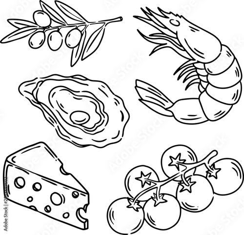Mediterranean food ingredients hand drawn black line art set with olive, shrimp, oyster, cheese, and tomatoes