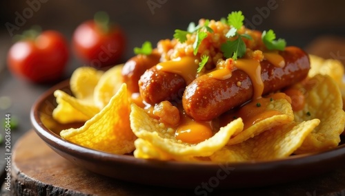 Crunchy chips topped with juicy currywurst, melted cheese, and caramelized onions, onion, currywurst, meal